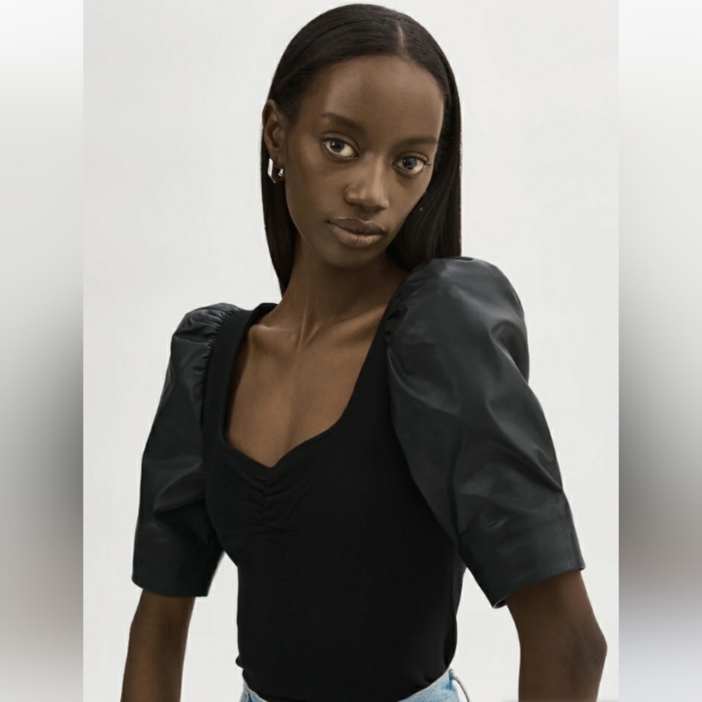 NWT Lamarque Kira leather/knit Black top size M